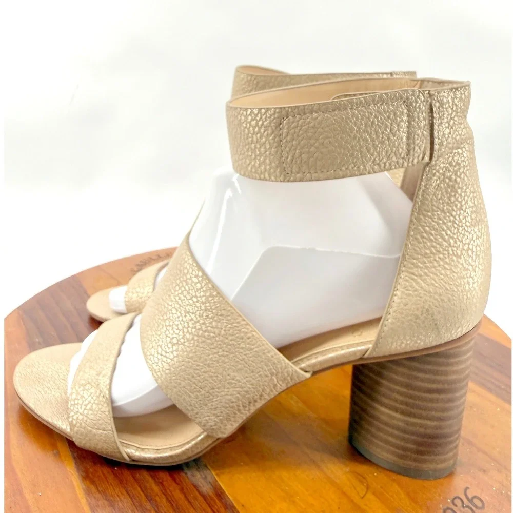 Vince Camuto Block Heel Sandals Womens 9.5 Gold Metallic Ankle Strap Dressy